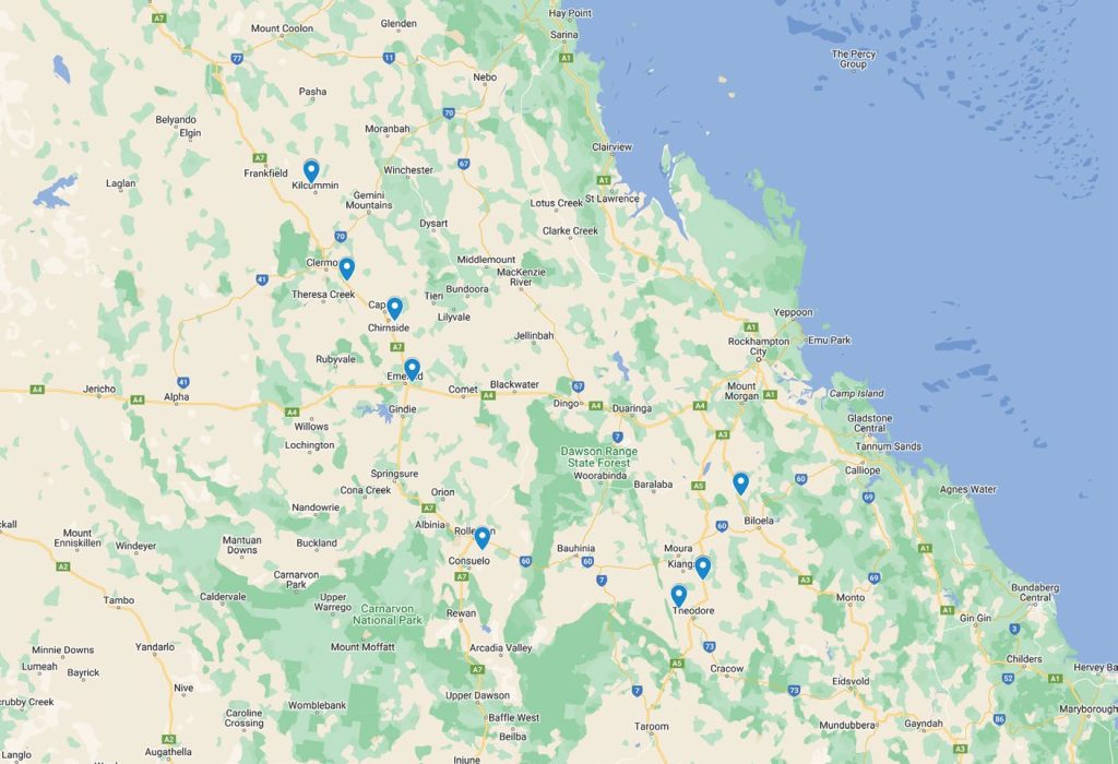 Locality of NVT trial sites in Central Queensland from 2020 to 2024.