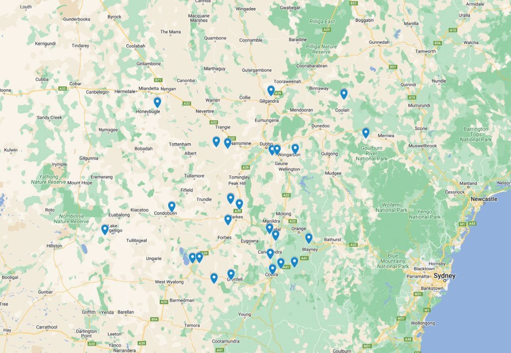 Locality of NVT trial sites in Central New South Wales from 2020 to 2024.