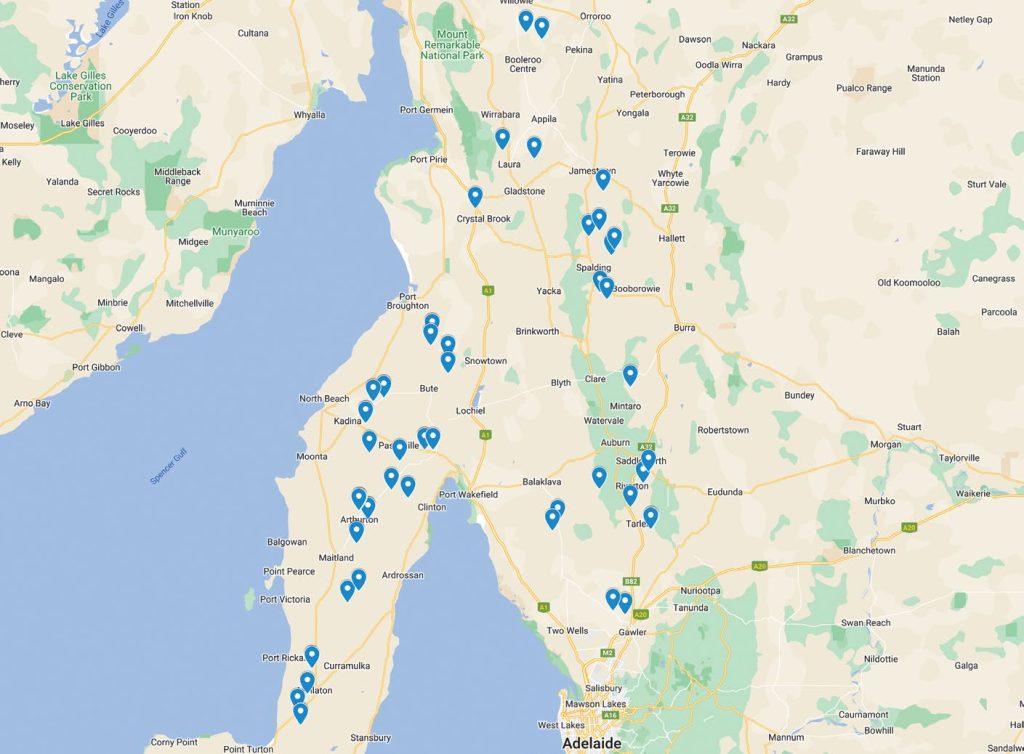 Locality of NVT trial sites in Central South Australia from 2020 to 2024.