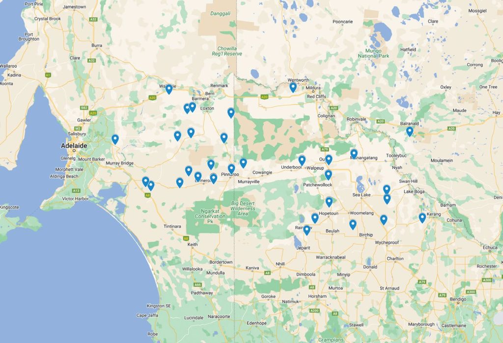 Locality of NVT trial sites in Mallee South Australia and Victoria from 2020 to 2024.