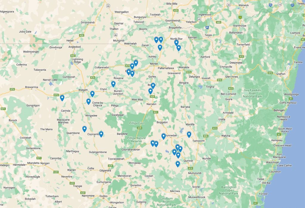 Locality of NVT trial sites in Northern New South Wales from 2020 to 2024.