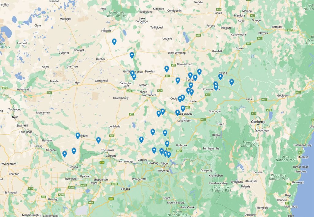 Locality of NVT trial sites in Southern New South Wales from 2020 to 2024.