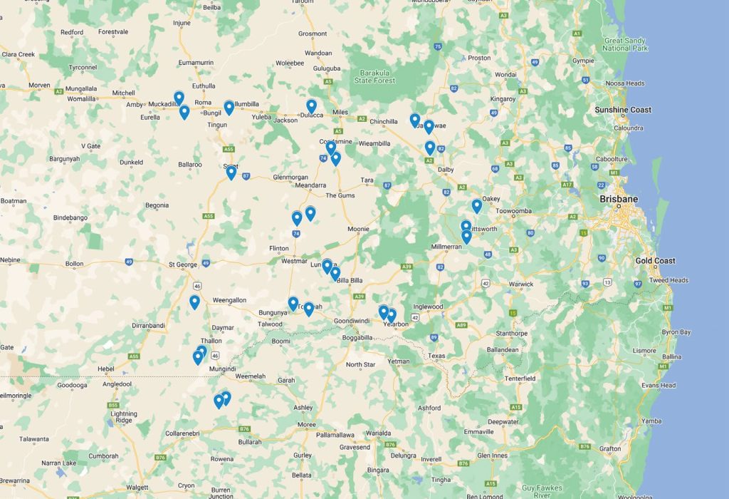 Locality of NVT trial sites in Southern Queensland from 2020 to 2024.