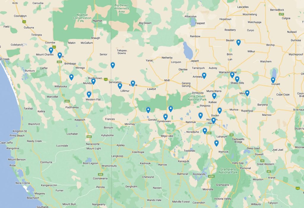 Locality of NVT trial sites in Wimmera and Upper South-East South Australia from 2020 to 2024.